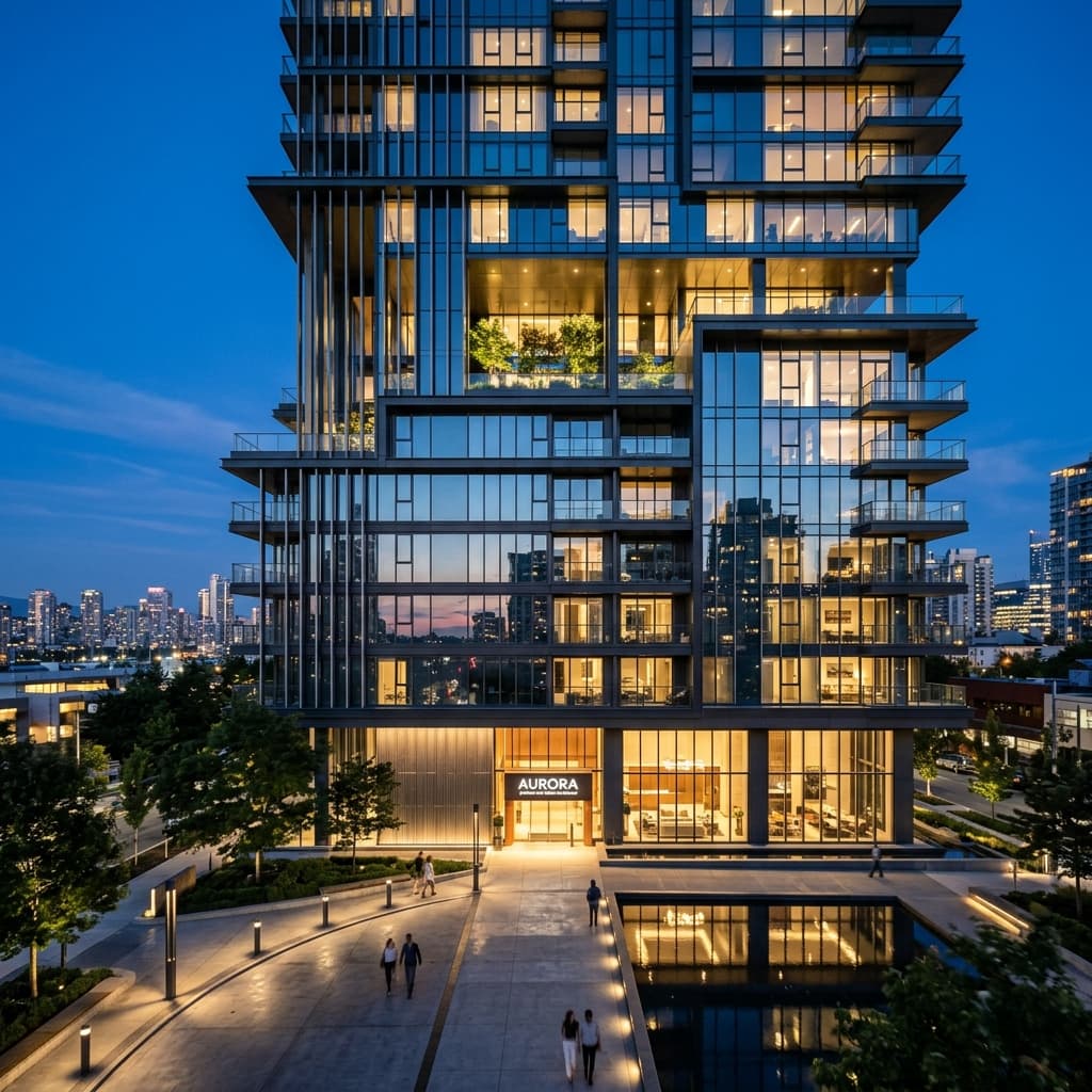 Modern luxury architectural building exterior at twilight