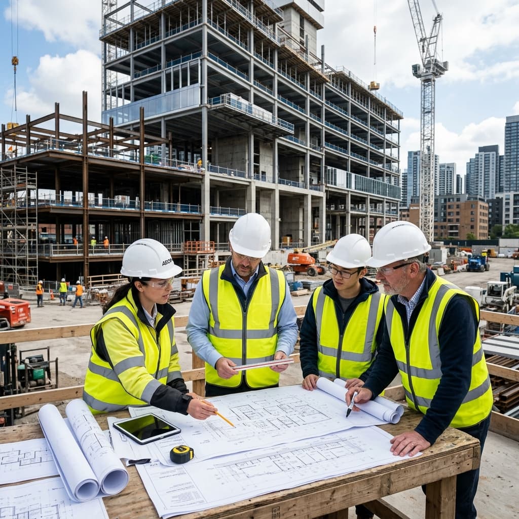 Engineering team reviewing blueprints at construction site